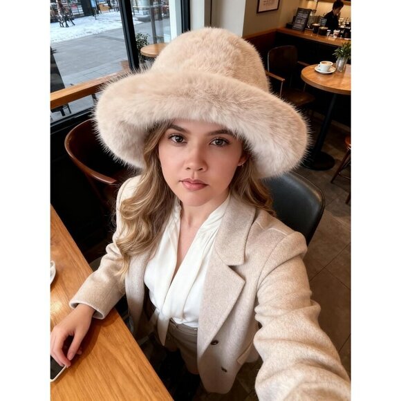 Women\'s Beige Oversized Winter Long Pile Fur Wide Moldable Brim Warmer Cap main image 7